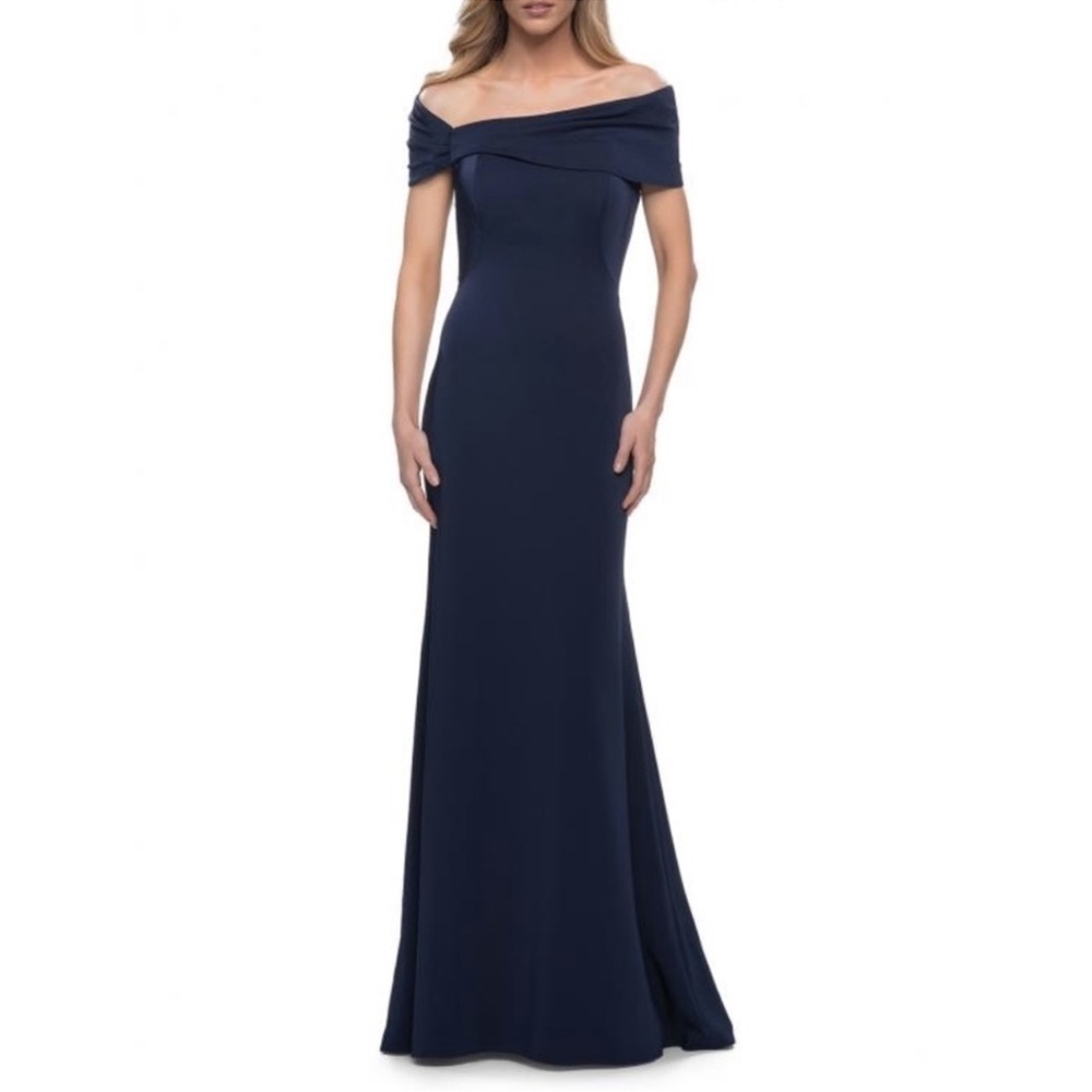 La Femme NEW Off The Shoulder Navy Blue Gown Trumpet Skirt 29537 Size 14